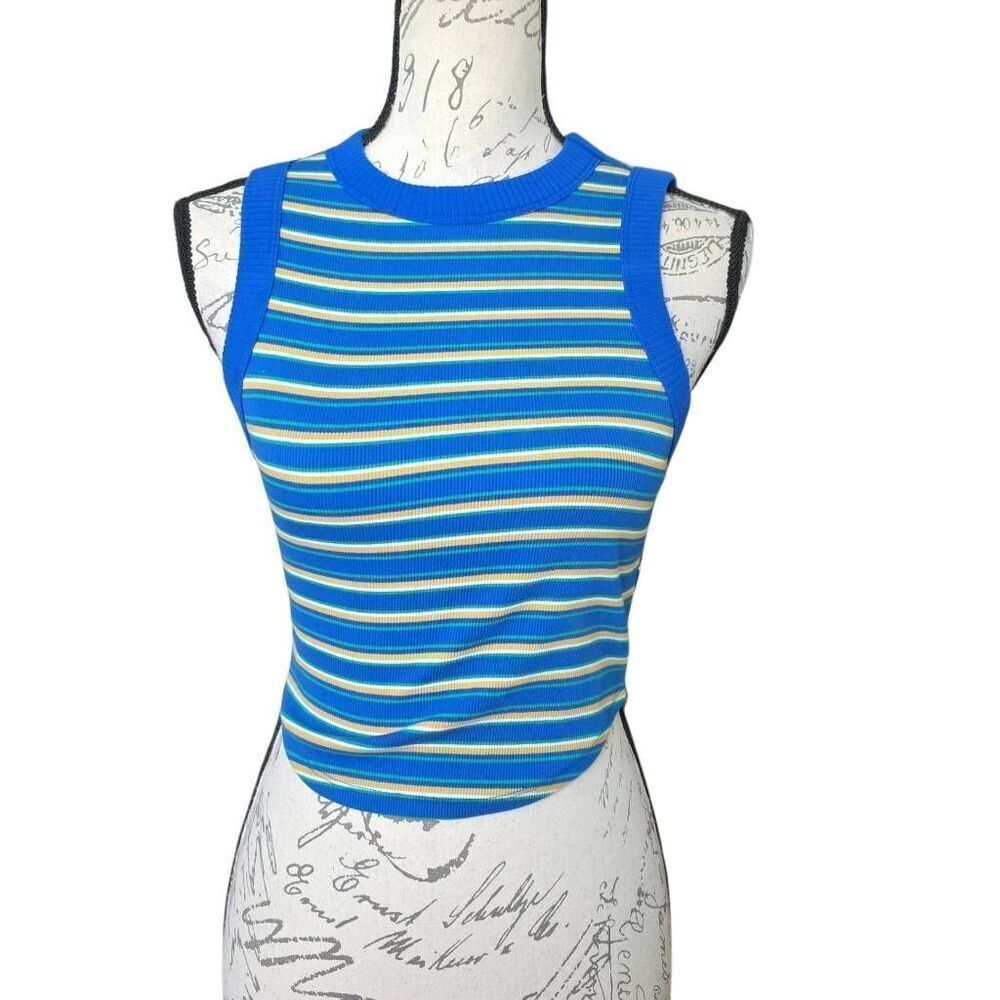 Wild Fable Women's Size Medium Blue Green Yellow Ribbed Cropped Tank Top